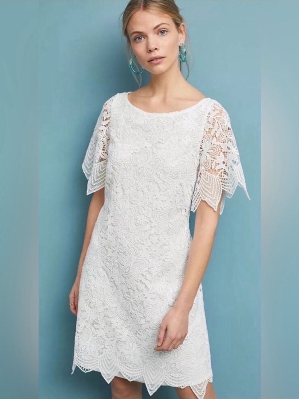 Anthropologie Charleston White Floral Lace Mini Dress with Scalloped Hem